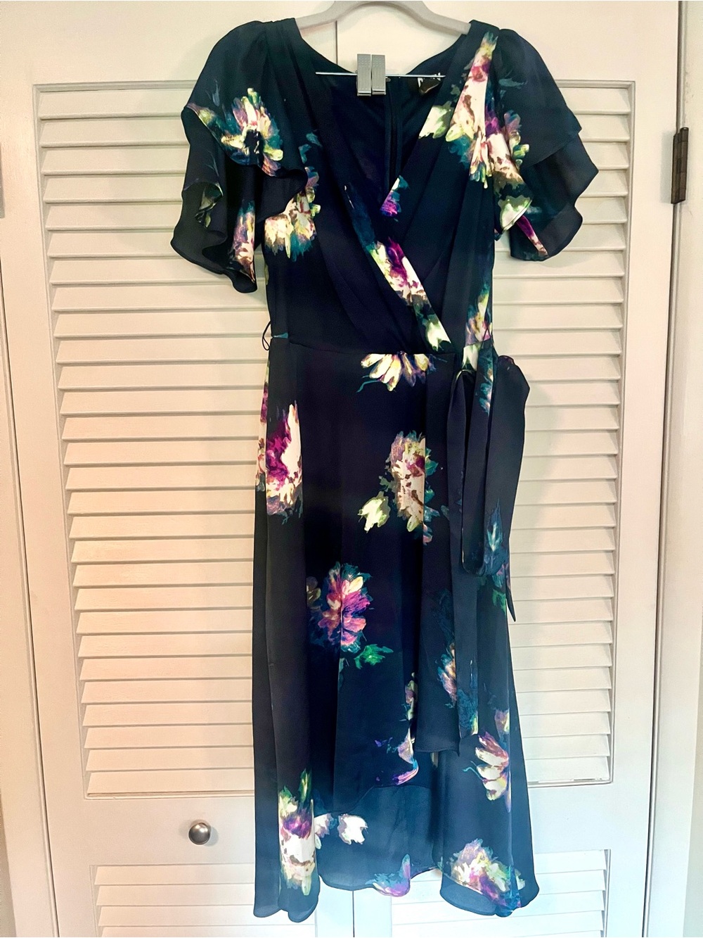 DKNY Navy Floral Wrap Midi Dress with Flutter Sleeves